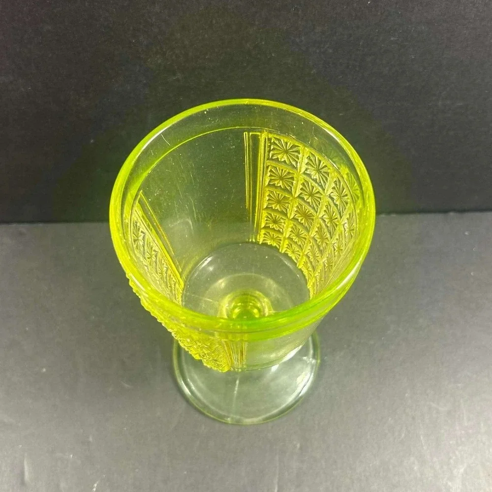 Vaseline Glass Goblet Yellow Green Star Panel Pattern Depression Glass